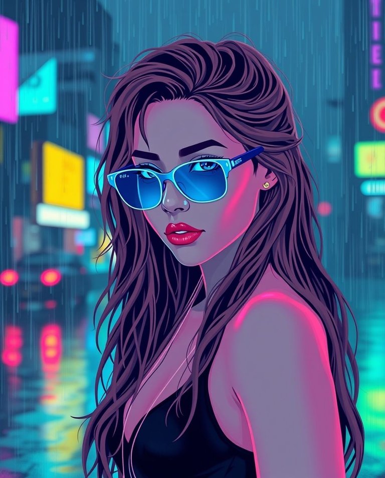 Modern flat design, wet rainy scene. Full body bioluminescent woman, gazing at the viewer. Futuristic retro vaporwave style, long messy wavy hair, blue sunglasses.  Neon lights mimic body contours, hyperrealistic d.jpg