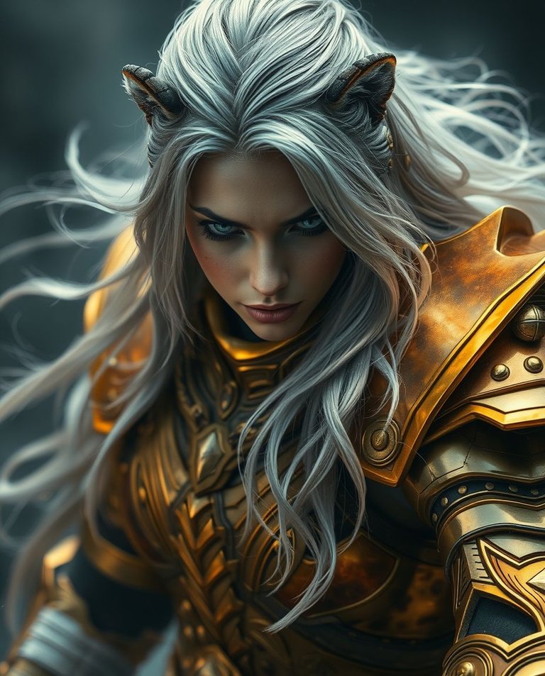 Extreme macro close-up, volumetric lighting, visible light beams, dust or fog.  Mighty female warrior, long silver hair, gold armor, transforming into a majestic leopard. Golden armor dissolves into spotted fur, de.jpg