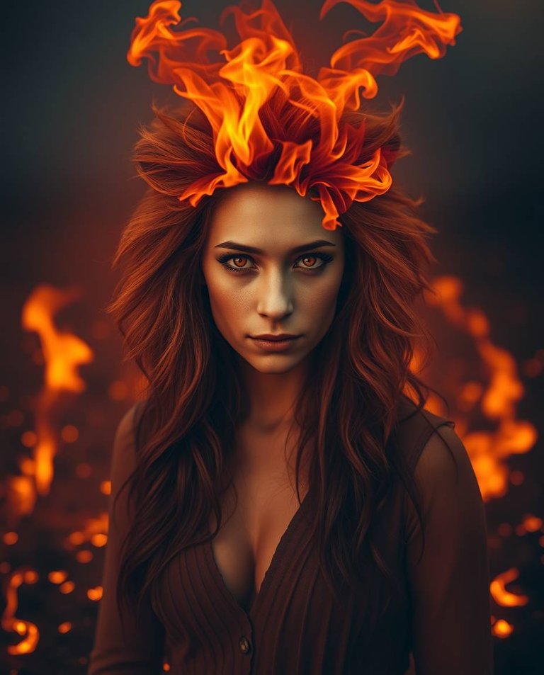 Fine art photography, warm, slightly dark, soft and professional.  A woman transforms into a lion on a scorched battlefield, engulfed in molten fire, creating a soft, dreamy atmosphere. Her face shifts to lion feat.jpg