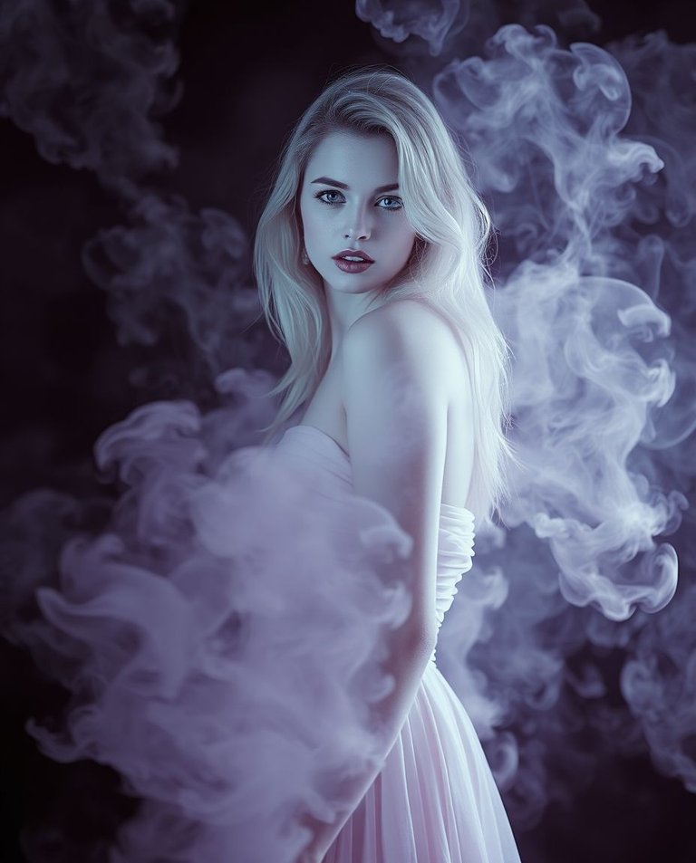 A surreal infrared image of a beautiful woman with light hair and gray eyes in a long dress dissolving into smoke, infrared spectrum colors, otherworldly appearance.jpg