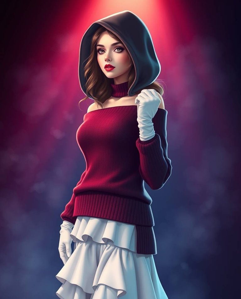 A full-body realistic illustration in rich burgundy and deep blue, featuring volumetric lighting. The subject is a woman with soft pink lips, long eyelashes, smooth skin, and elegant attire off-shoulder sweater, wh.jpg