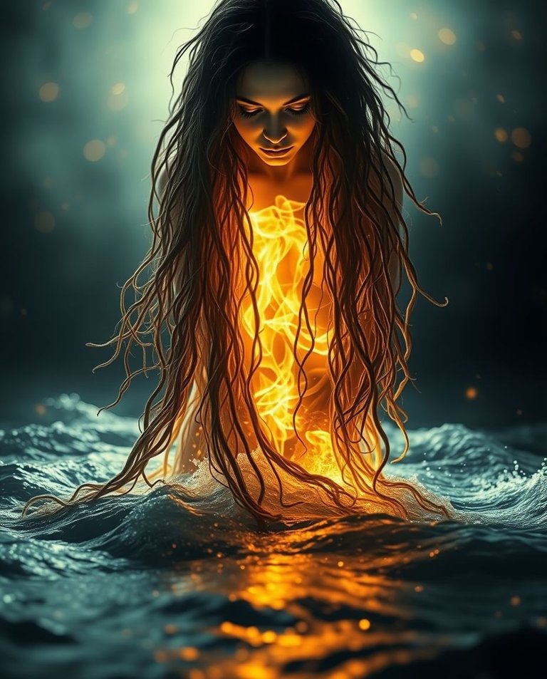 Photorealistic image, eerie atmosphere, creative lighting. A woman with long, flowing seaweed-like hair rises from the ocean, radiating golden embers. Artistic lighting, abstract patterns, dark tones.jpg