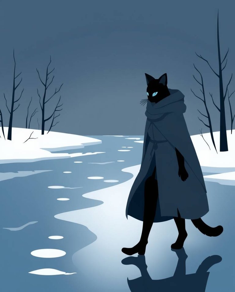 Modern flat design illustration of an anthropomorphic cat-woman walking on a frozen river. High contrast and low-key lighting create a dramatic effect. Deep shadows accentuate simple two-dimensional shapes. The col.jpg