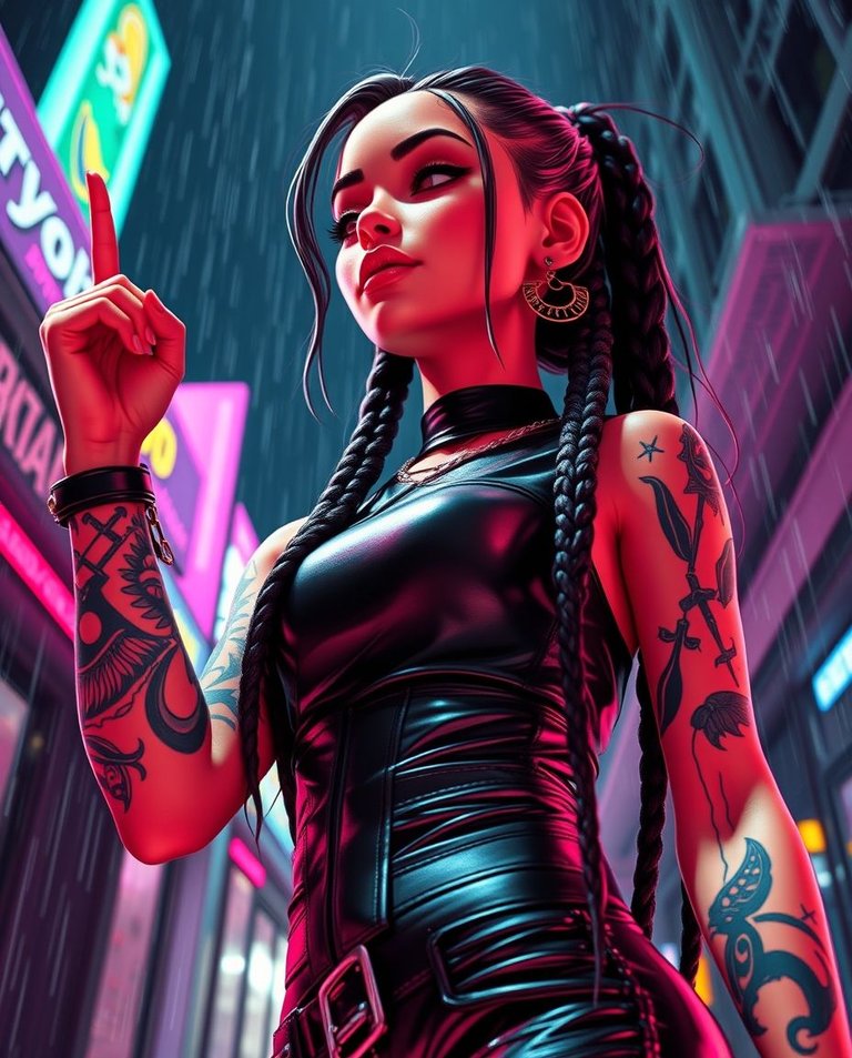 Low angle stop-motion animation depicting a cyberpunk goddess with a tall, athletic physique, Chicano tattoos, and long braids. She strikes a hip-hop diva pose in a fitted leather top.  The color sketchnote style s.jpg