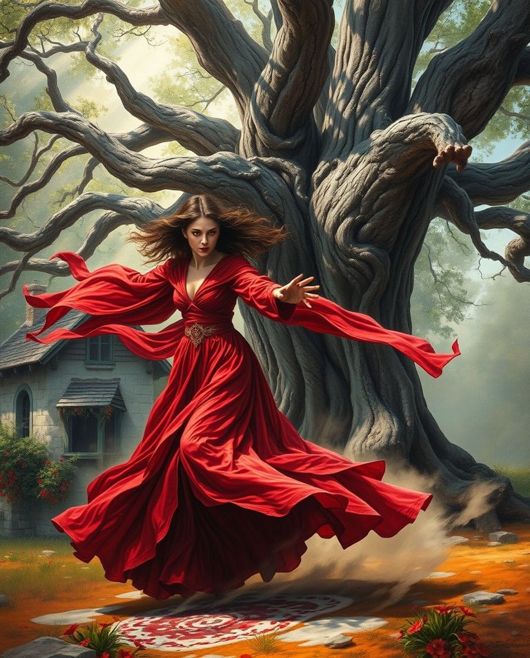 A dynamic painting depicting a strikingly enigmatic sorceress in a vivid crimson ensemble moving before a majestic oak tree by a rustic cottage. Volumetric lighting with visible beams through dust or fog illuminate.jpg