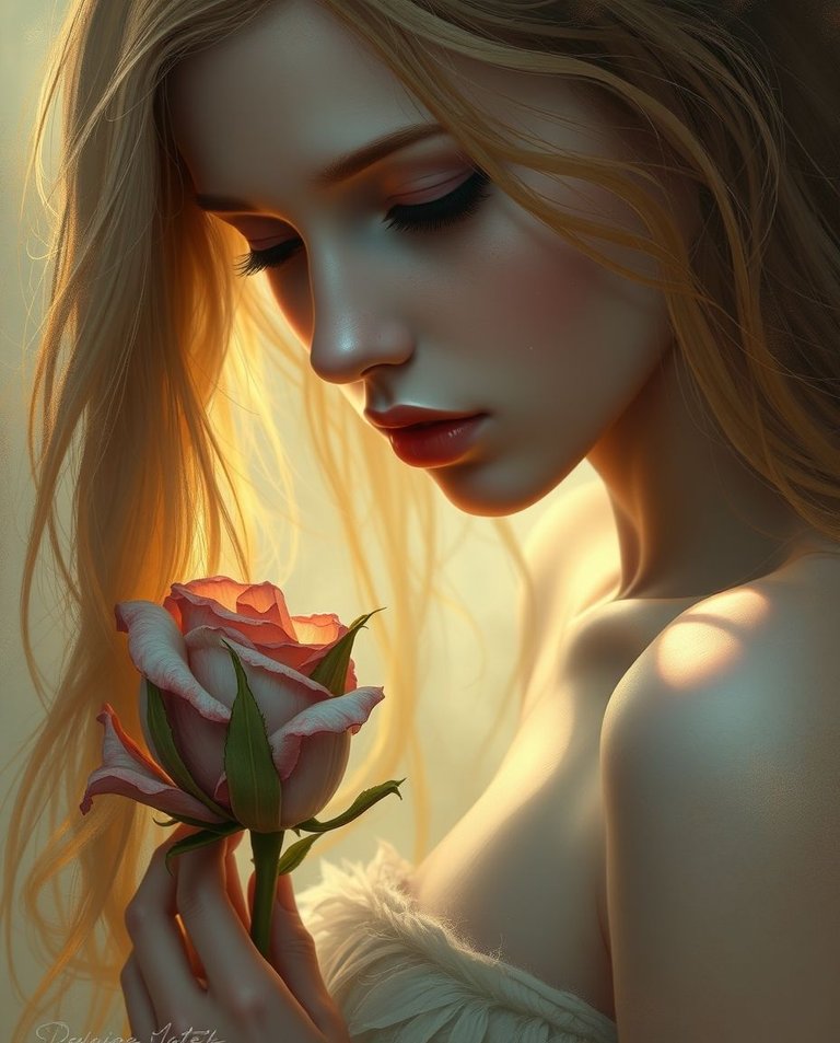 Dreamlike surreal image, digital painting, melancholic woman with porcelain skin, honey blonde hair, holding a wilted rose, soft golden light, downward gaze, misty background, intimate composition, feathery brushst.jpg