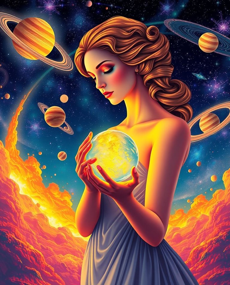 Surreal solar system scene in bright, vibrant colors. A graceful and elegant woman with refined features holds a glowing orb.  The scene includes detailed planetary orbits, a star-filled sky with nebulae, runes, an.jpg