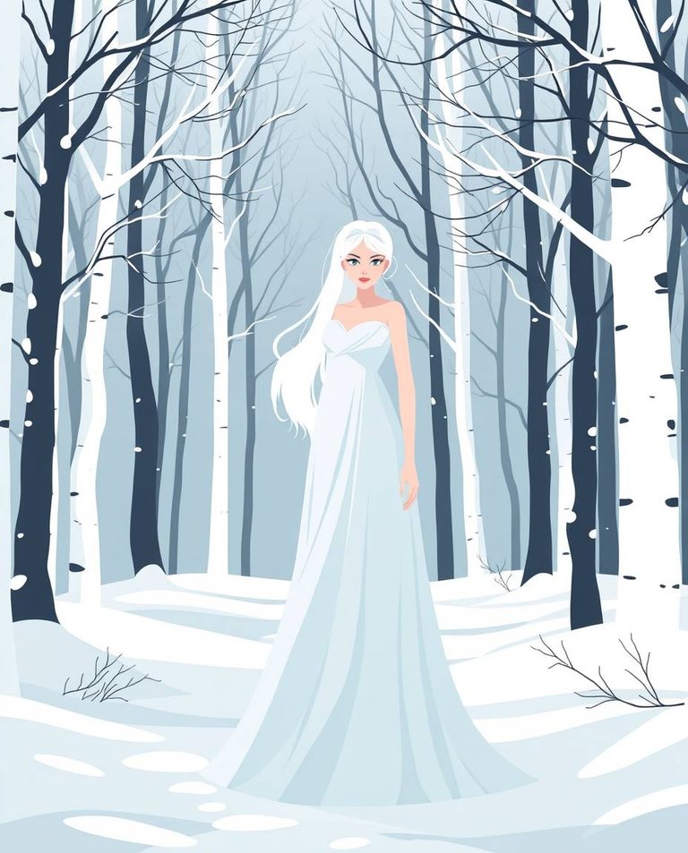 Modern flat design A winter goddess, pale skinned with platinum blonde hair, in a flowing white gown, standing in a soft pastel-colored snow-covered forest.  Deep shadows and two-dimensional shapes create a gentle,.jpg