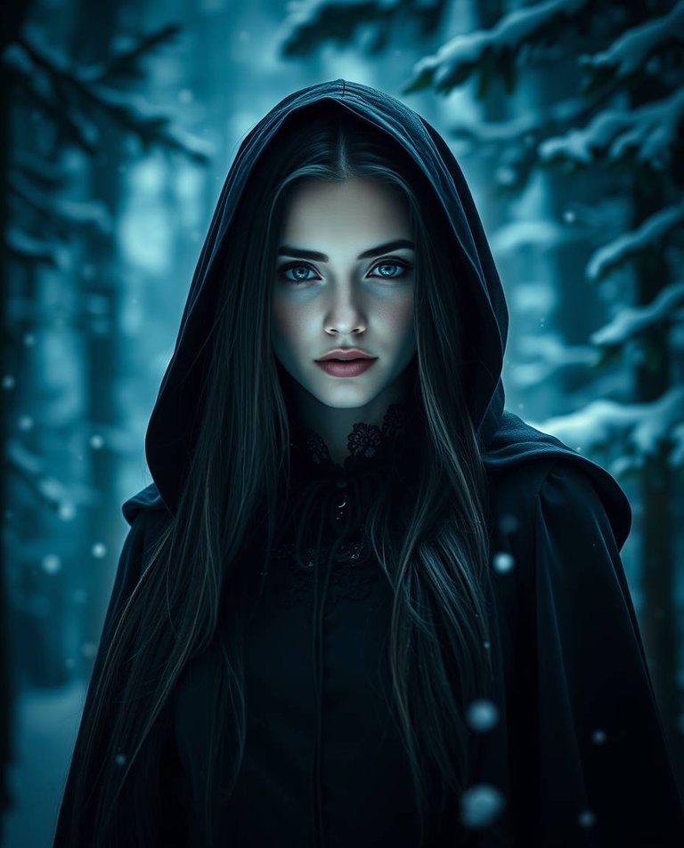 8K image, intense dramatic lighting, cool color palette of blues, greens, and purples. High contrast creates tension. Graceful woman, 25, long black hair, gothic black dress with lace, cloak and hood. Snowy forest,.jpg