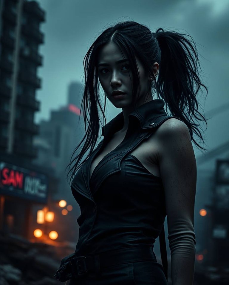 Eerie cinematic photo, dark tones, unsettling details, female adventurer, fitted jumpsuit, post-apocalyptic cityscape.jpg