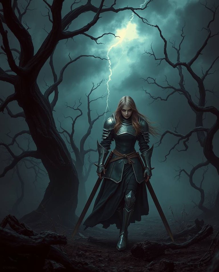 Dreamlike surreal imagery. Mystic, enchanting environment, gentle color contrasts, dreamlike atmosphere, ethereal quality, fantastical elements, bizarre scenes. A female knight walks through a dark, desolate landsc.jpg