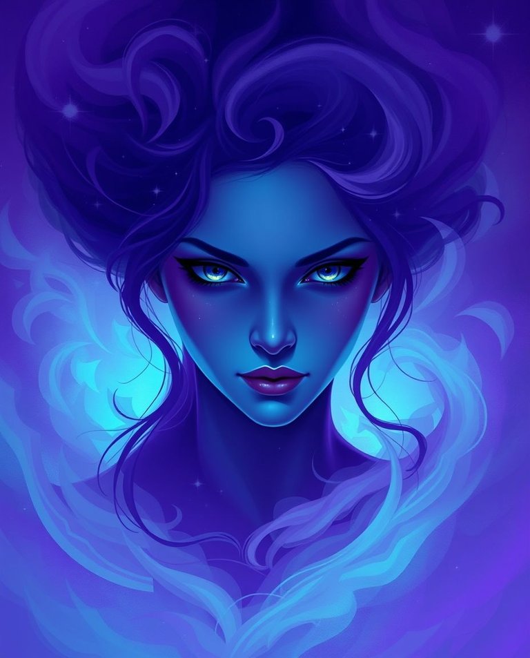 A digital painting of a feminine silhouette, centrally positioned within a swirling iridescent mist.  Her face displays a blend of calm intensity, with eyes glowing like distant stars.  The artwork uses purple and .jpg