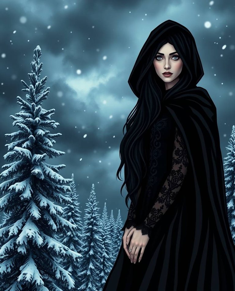 8K image, logo design, stormy skies, high tension, geometric shapes, clean lines, balance, symmetry, visual clarity,  graceful woman, 25, long black hair, gothic black dress, lace accents, cloak, hood, snowy forest.jpg