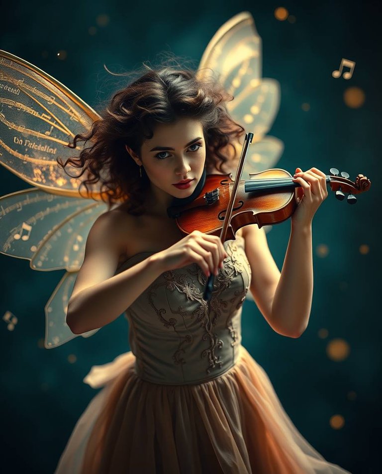 A photorealistic cinematic portrait, rich deep teal, of a woman with curly brown hair, porcelain skin, and expressive brown eyes, playing an intricately carved wooden violin.  Transparent fairy-like wings shimmer b.jpg