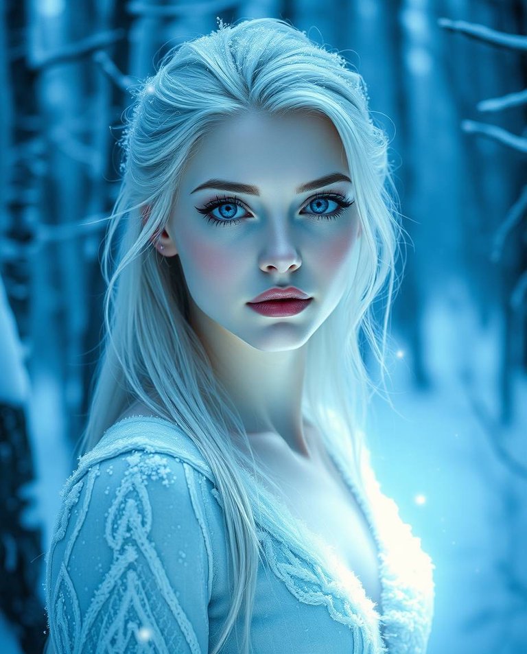 Bioluminescent colors and an ethereal vibe surround a winter goddess. Tall and slender, she stands in a snow-covered forest. Her serene icy-blue eyes, triangular face, thin lips, and small nose exude a mystical aur.jpg