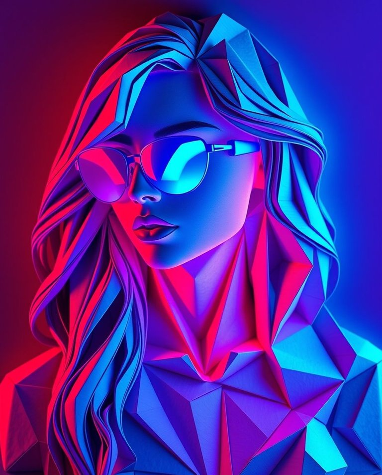 Intricate origami-style artwork iridescent colors, full-body bioluminescent woman, long wavy hair, blue sunglasses, cyberpunk aesthetic, crimson, amber, cyan, purple neon lights, folded paper look, geometric precis.jpg