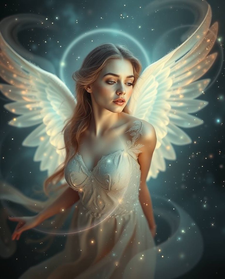 Ethereal spiritual vibe. A celestial angel with delicate features, mature, pale skin, glides through swirling iridescent gas and stardust. Her starry dust attire and wings shimmer, radiating an ethereal glow. Light.jpg