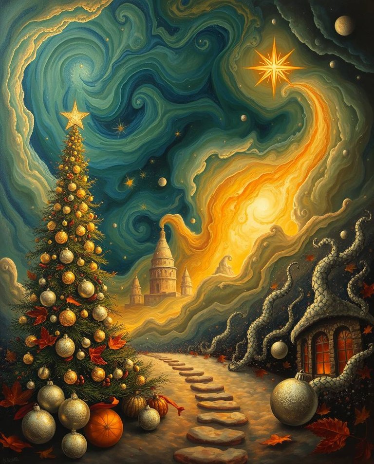 Oil painting, dreamlike surreal imagery, warm autumn colors, earthy cozy style, fantastical elements, bizarre scenes, Christmas tree, golden silver ornaments, warm green gold energy, swirling blue sky, radiant star.jpg