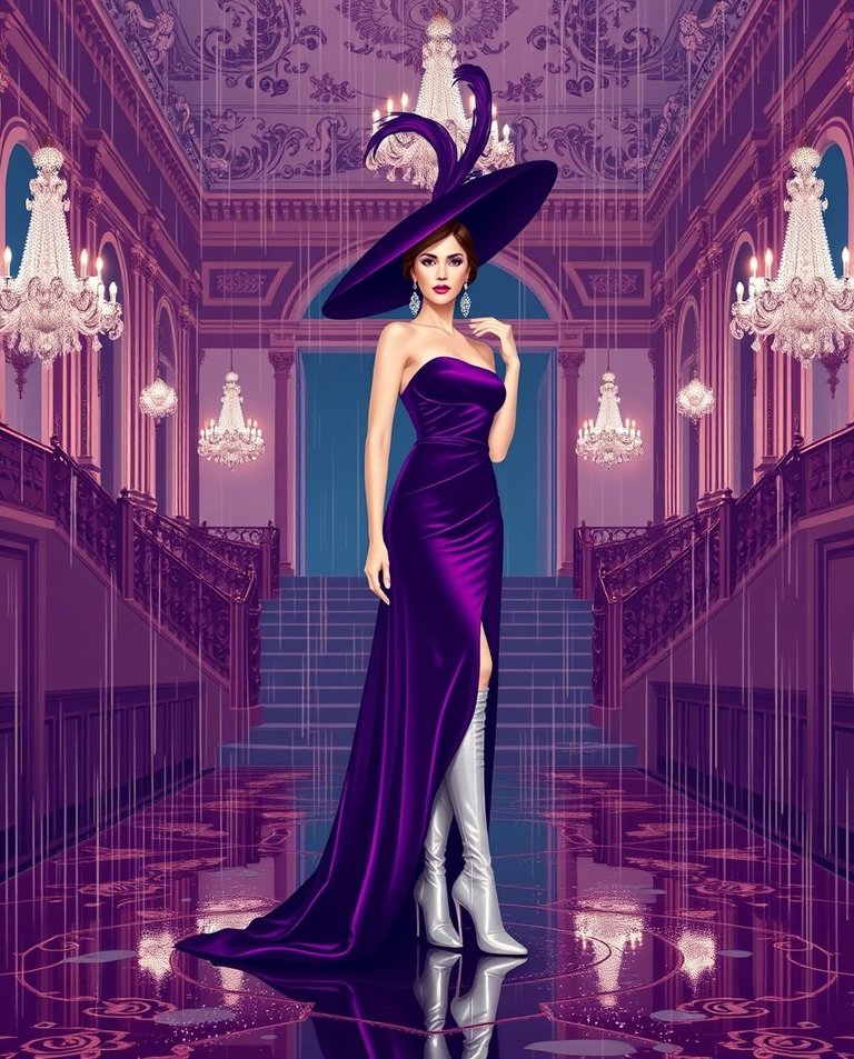 Wet rainy scene, rich burgundy and deep blue. Modern flat design. Elegant woman in royal purple asymmetrical velvet gown, silver boots, feathered hat, crystal earrings. Ornate Milan palazzo backdrop, grand staircas.jpg