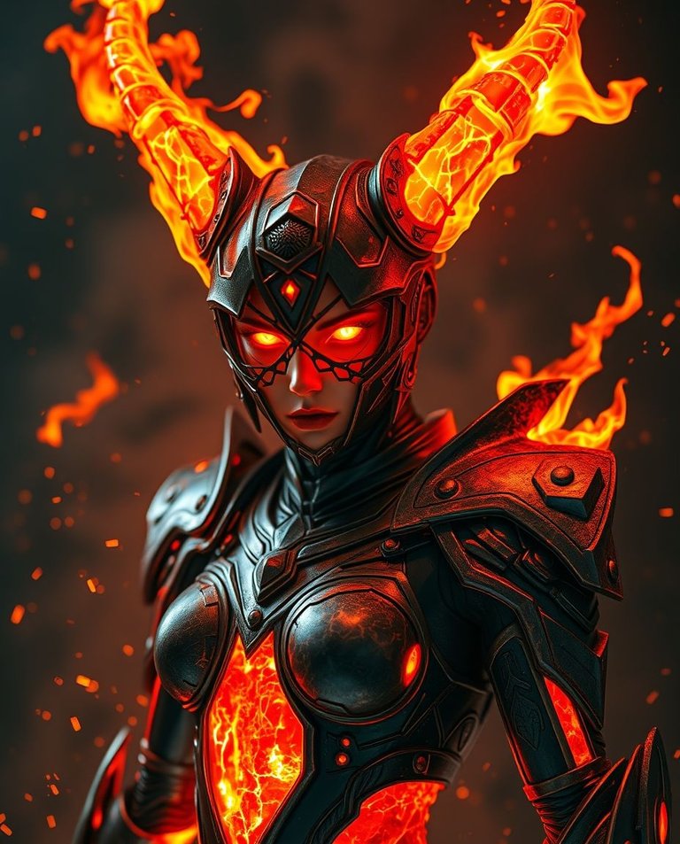 Cast bronze surface, creative light art. Futuristic fiery warrior, lava body, feminine features, black red armor. Menacing visor face, glowing lattice eyes, sharp horns. Fire whips, dark sci-fi background, intense .jpg