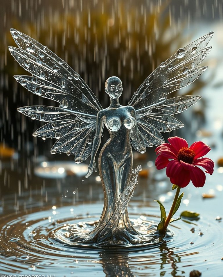 A wet, rainy scene in natural earth tones portrays a mesmerizing winged woman made of water droplets. Her transparent form shimmers, sunlight refracting. Delicate water splashes form her wings near a vibrant flower.jpg