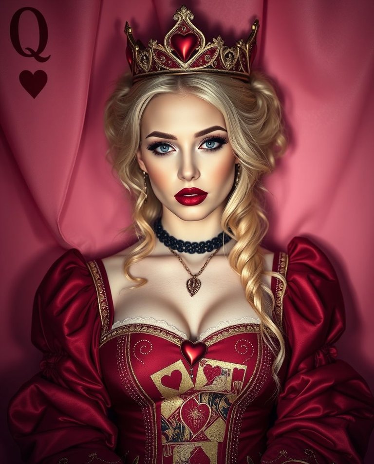 Soft pastel colors illuminate a Queen of Hearts card in a dark burgundy boudoir style. The queen, with blonde hair and dark lipstick, exudes pride. Burgundy hearts replace red ones, and a card deck pattern adorns h.jpg