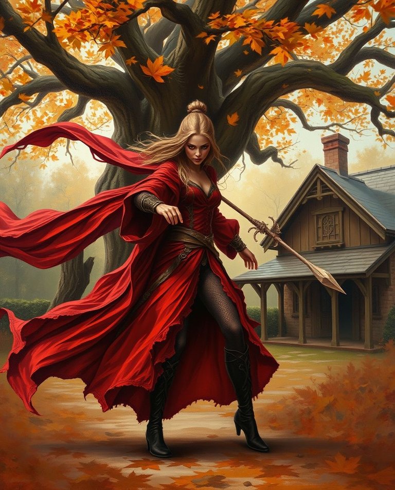 Dynamic motion, warm autumnal colors. An oil painting of a strikingly enigmatic sorceress with flowing crimson robes, blurred lines suggesting movement.  She stands in an action pose before a majestic oak tree and .jpg