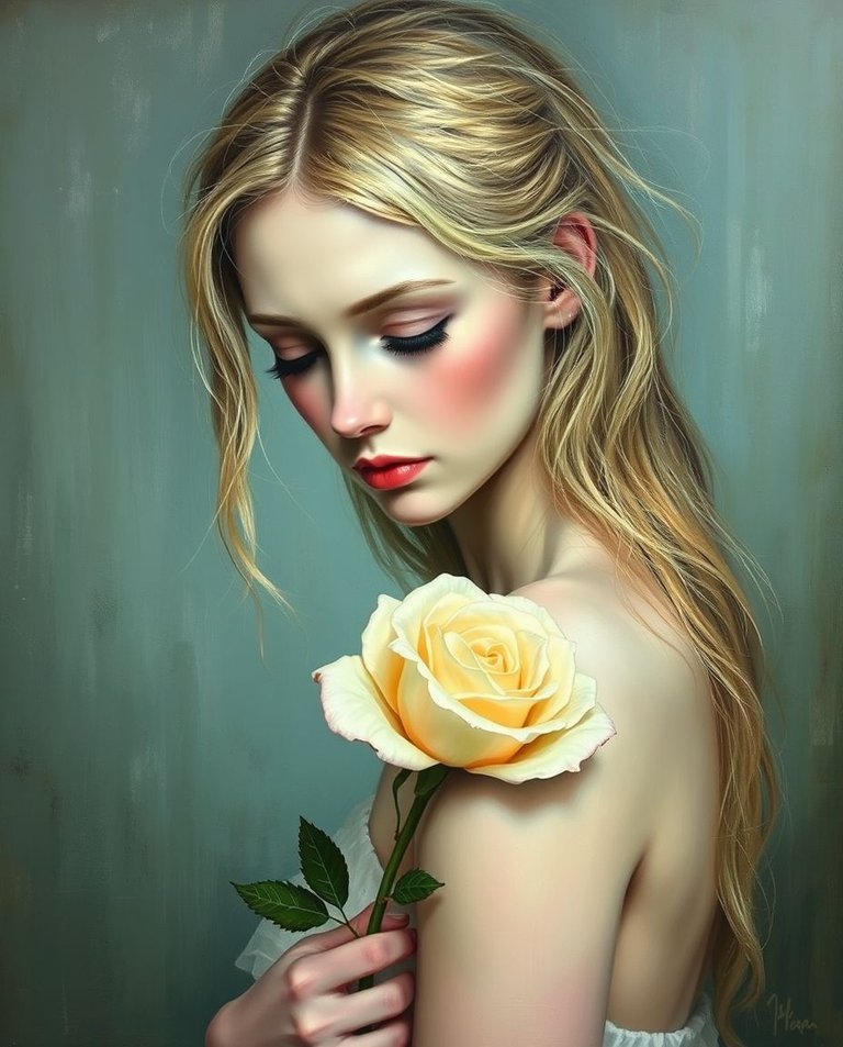 Dreamlike painting, oil on canvas, woman with porcelain skin, honey-blonde hair, holding wilted cream rose, soft light, downward gaze, mossy green and blue background, subtle brushstrokes, nostalgic feel, fantastic.jpg