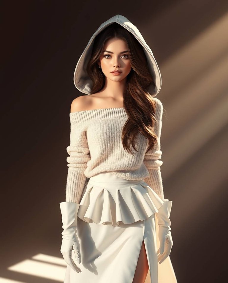 Soft dreamy atmosphere with strong hard light A full-body realistic illustration of a woman with soft pink lips, long eyelashes, and smooth, hydrated skin. She wears an off-shoulder sweater, elegant white frilled s.jpg