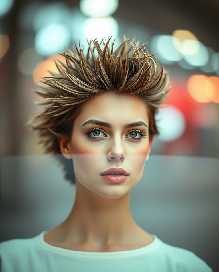 Create a modern flat design image with a cinematic, abstract illusion aesthetic.  Use vivid colors and negative contrast.  The main subject is a beautiful woman, sharply focused, with hair styled like a hedgehog, s.jpg