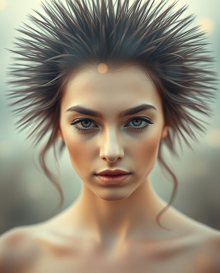 An ethereal spiritual vibe image with a beautiful woman featuring spiky hedgehog hair at the center. The image uses gentle color contrasts, a dreamlike atmosphere, an otherworldly ethereal quality and a light aura.jpg