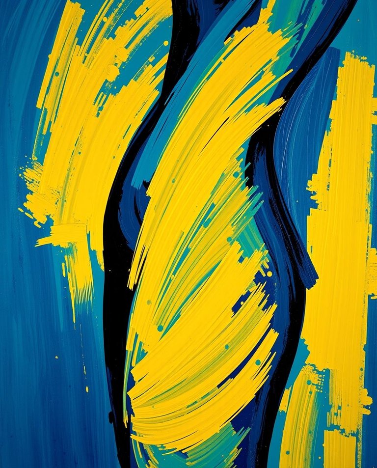 A high-resolution stock photo, in rich deep teal, of a close-up abstract painting, exclusively in blue and yellow, where the female form is symbolized by brushstrokes.  The style evokes a luxurious and vibrant feel.jpg