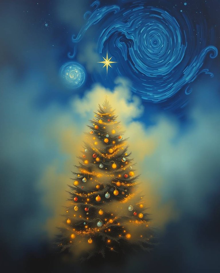 Oil painting in Van Gogh's Starry Night style, cinematic with thick fog and low visibility. A majestic Christmas tree with glowing ornaments is central, surrounded by a thick fog. The deep blue sky is partially obs.jpg