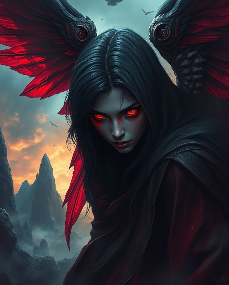 Photorealistic digital painting, high contrast, low-key lighting. Fallen angel with intense, otherworldly eyes, red and black wings, cloaked in darkness. Ancient, mysterious landscape, deep shadows, vibrant colors..jpg