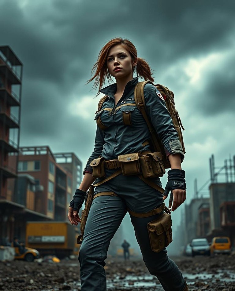 A high-resolution stock photo, intense dramatic weather, stormy skies, high tension.  The scene depicts a female adventurer in a fitted jumpsuit, pouches, and backpack, confidently moving through a post-apocalyptic.jpg