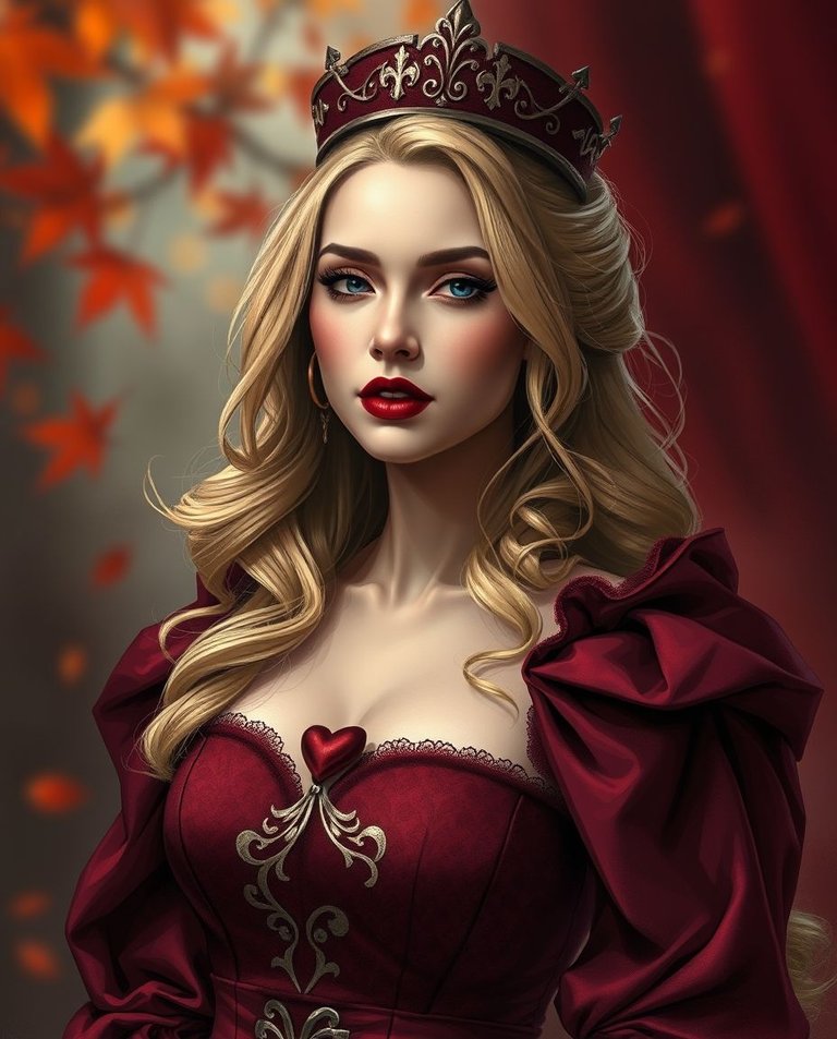 Digital sketch, warm autumn colors, blurred bokeh. Dark burgundy boudoir style Queen of Hearts card. Blonde queen with dark lipstick, proud expression. Burgundy hearts, card deck pattern on dress. Rich textures, ep.jpg