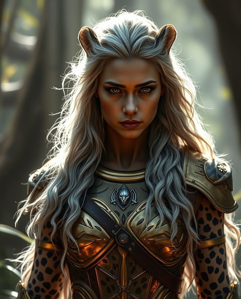 Strong, hard light dramatically illuminates a mighty female warrior with long silver hair transforming into a leopard. Her golden armor merges seamlessly with spotted fur in a misty jungle.  Direct harsh shadows, 8.jpg