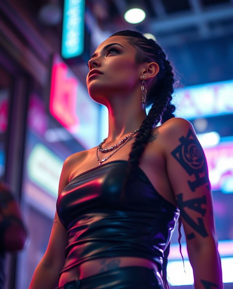 Creative light art, blurred bokeh effect. Low angle, stop-frame cyberpunk goddess with tall, Greek athletic physique, hip-hop diva pose, Chicano tattoos, long braids, fitted leather top. Fair skin, flawless feature.jpg