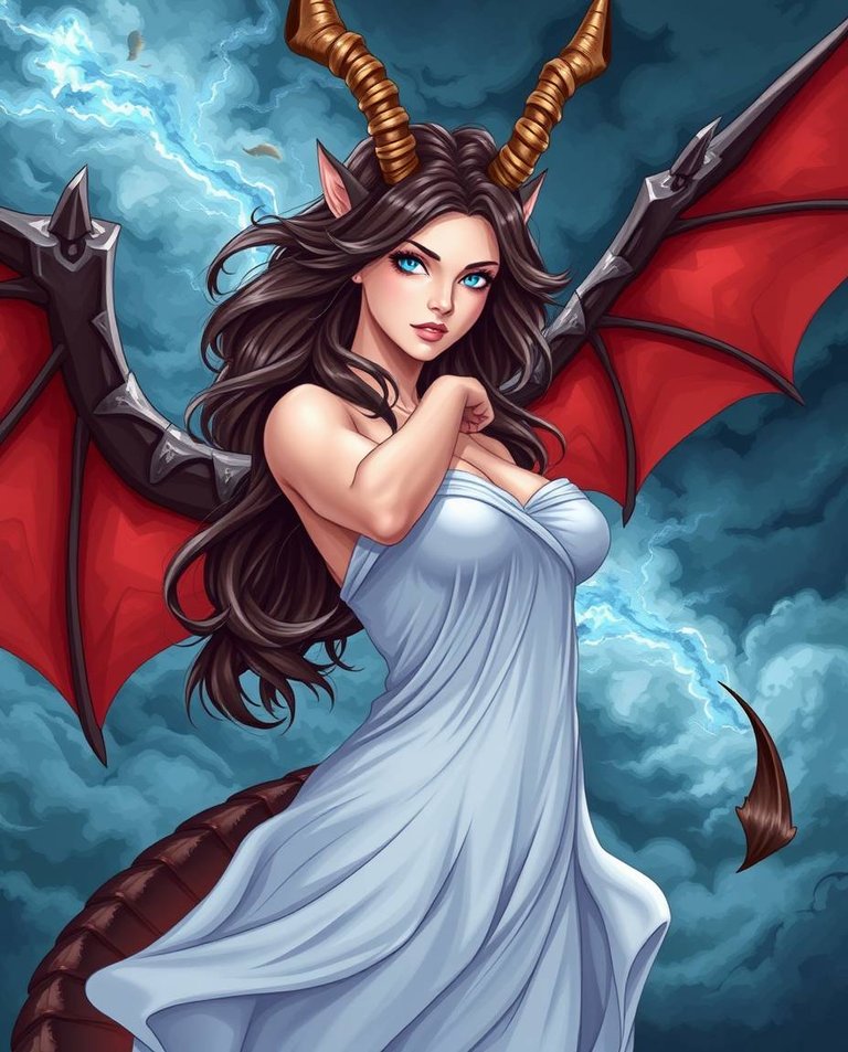 Dramatic weather illustration. Woman with blue eyes, dragon wings, feline tail, antelope horns. Stormy skies, high tension, graceful and elegant features.jpg