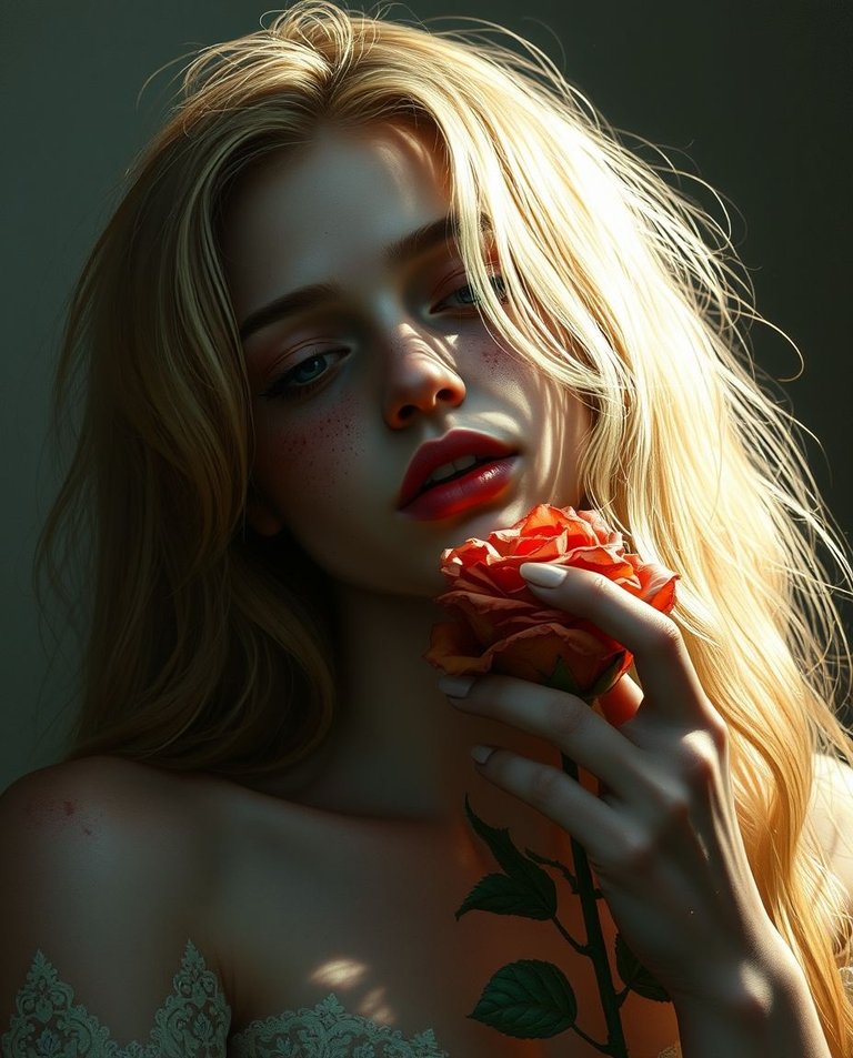 Surreal scene, digital painting, melancholic woman with porcelain skin and freckles, honey-blonde hair, holding a wilted rose, soft golden light, direct harsh shadows, fantastical elements, intimate composition, mu.jpg