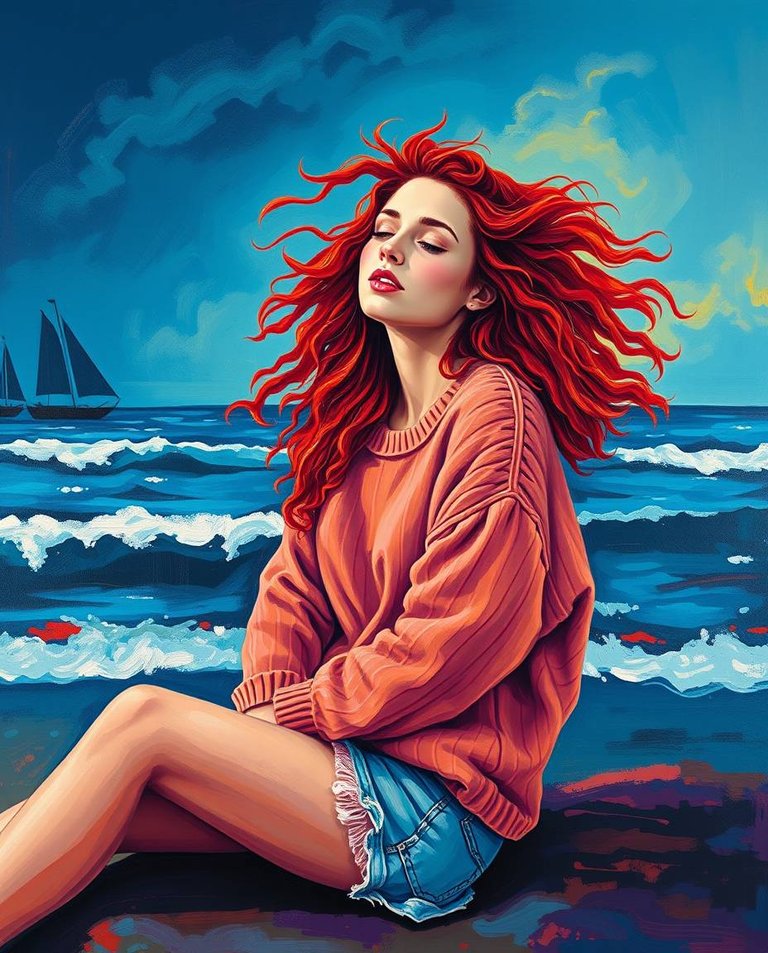 Vibrant complementary colors, bold acrylic painting. A beautiful woman with long, curly red hair, fluttering in the wind, sits dreamily at night on an ocean shore. She wears a warm sweater and denim shorts. Texture.jpg