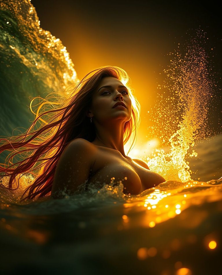 Photorealistic image, low angle, intense dramatic lighting, high contrast. Beautiful woman with long flowing hair, rising from ocean depths, golden embers entwined around her.  Golden light, shimmering water reflec.jpg