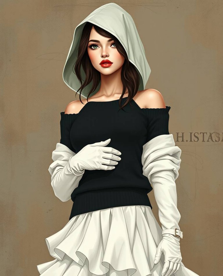 A full-body realistic illustration of a woman with soft pink lips, long eyelashes, and smooth skin. She wears an off-shoulder sweater, elegant white frilled skirt, long gloves, and white boots, her head covered by .jpg