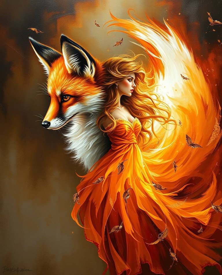 A classic oil painting depicting a mesmerizing transformation a fox with fiery red and golden fur shifting into a woman in a flame-silk gown. Her amber eyes glow, her long hair cascades, and her luminous tail trail.jpg