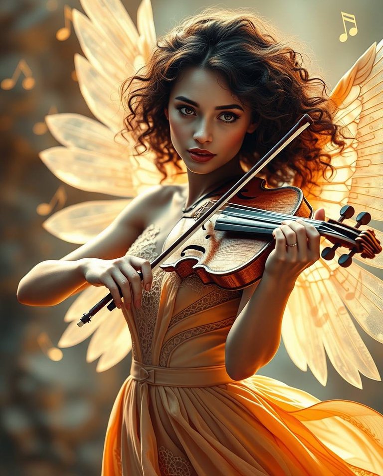 Photorealistic digital painting, futuristic sci-fi style, bright vibrant colors.  A woman with curly brown hair, porcelain skin, expressive brown eyes, plays an intricately carved wooden violin.  Transparent wings .jpg