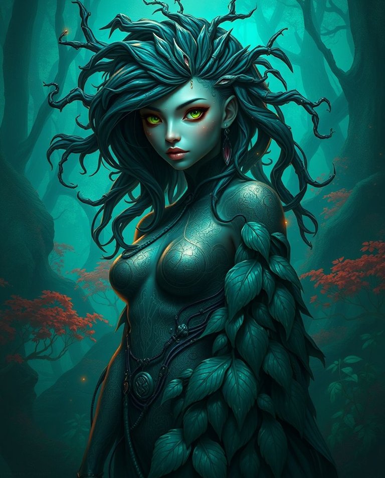 Digital painting in rich deep teal hues.  A sleek, mysterious dryad, body blending nature and technology, stands within a vibrant digital landscape.  Her skin is shimmering bark and circuitry; her hair, glowing vin.jpg