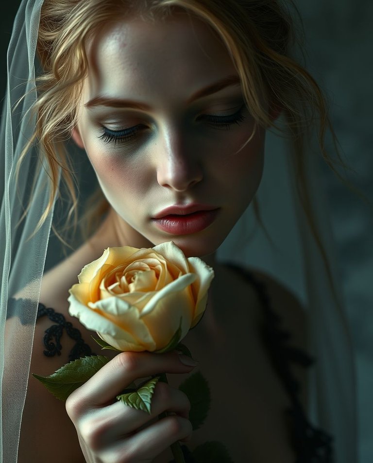 Strong hard light, dreamlike surreal imagery A melancholic portrait of a woman with porcelain skin, subtle freckles, and wispy honey-blonde hair, holding a wilted cream rose. Downcast eyes, misty veil. Muted mossy .jpg