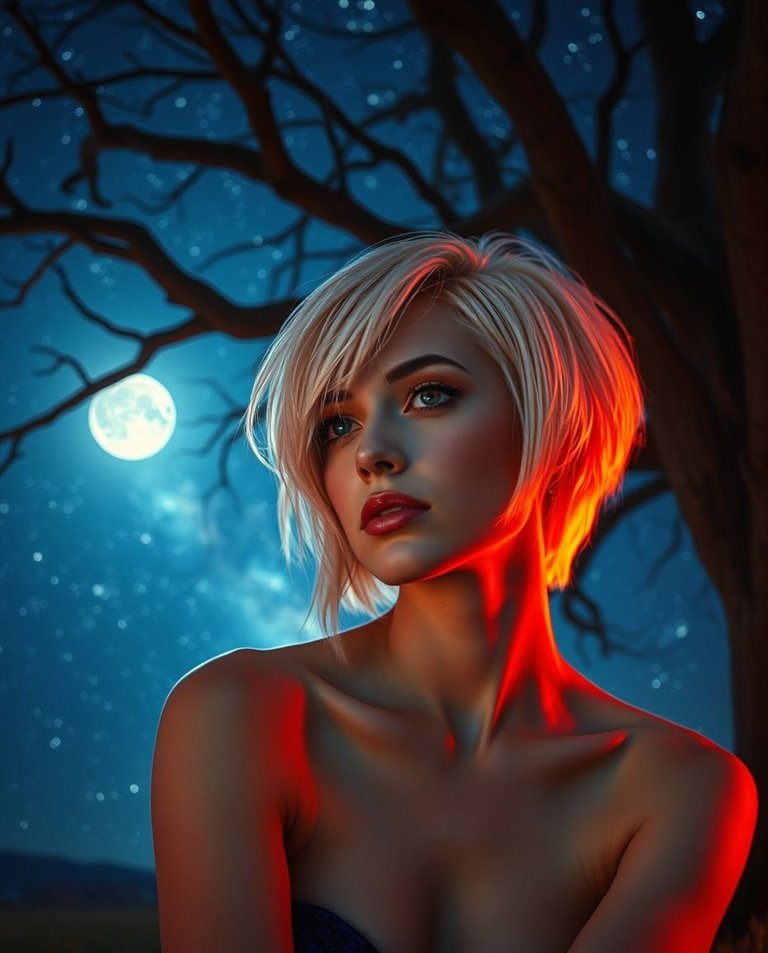 A cinematic scene, iridescent colors, a woman with short, platinum blonde hair and fair skin sits under a large cosmic tree. The background is a vast night sky filled with stars and a bright moon.  One side of her .jpg