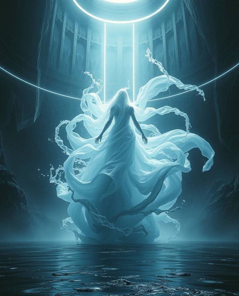 Modern future grand epic scene, lens glow lighting, massive scale, swirling water resembling a heroic figure, translucent form with a flowing liquid gown, heroic elements.jpg