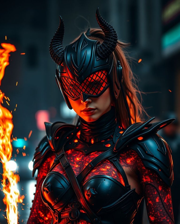 Candid street photography, dramatic cinematic style. Futuristic fiery warrior, lava body, feminine features, black red armor. Menacing visor face, glowing lattice eyes, sharp horns. Fire whips, dark sci-fi backgrou.jpg